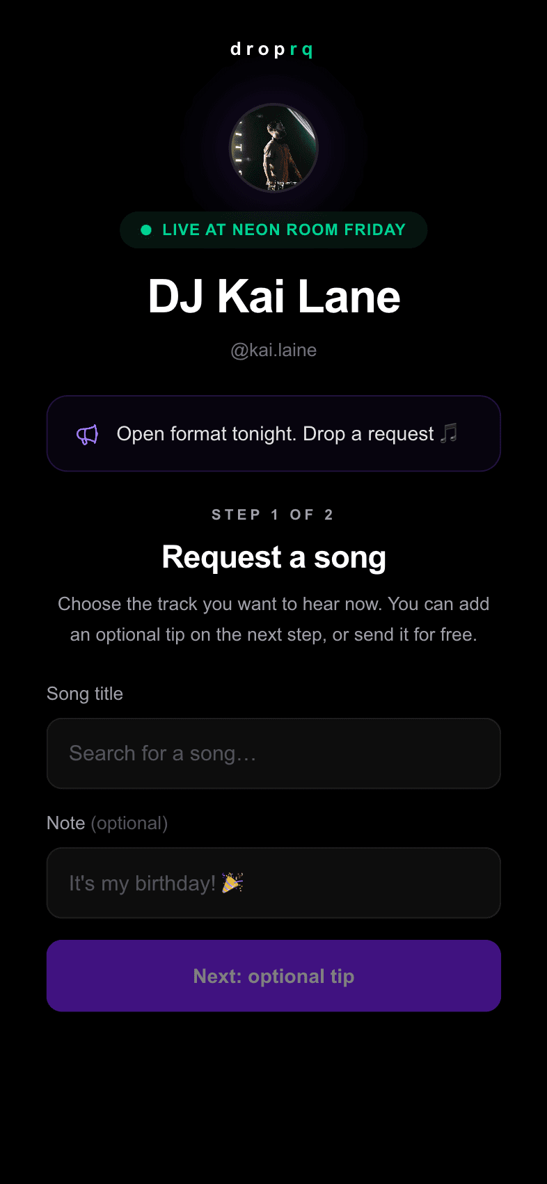 Fan song request and tipping interface on mobile